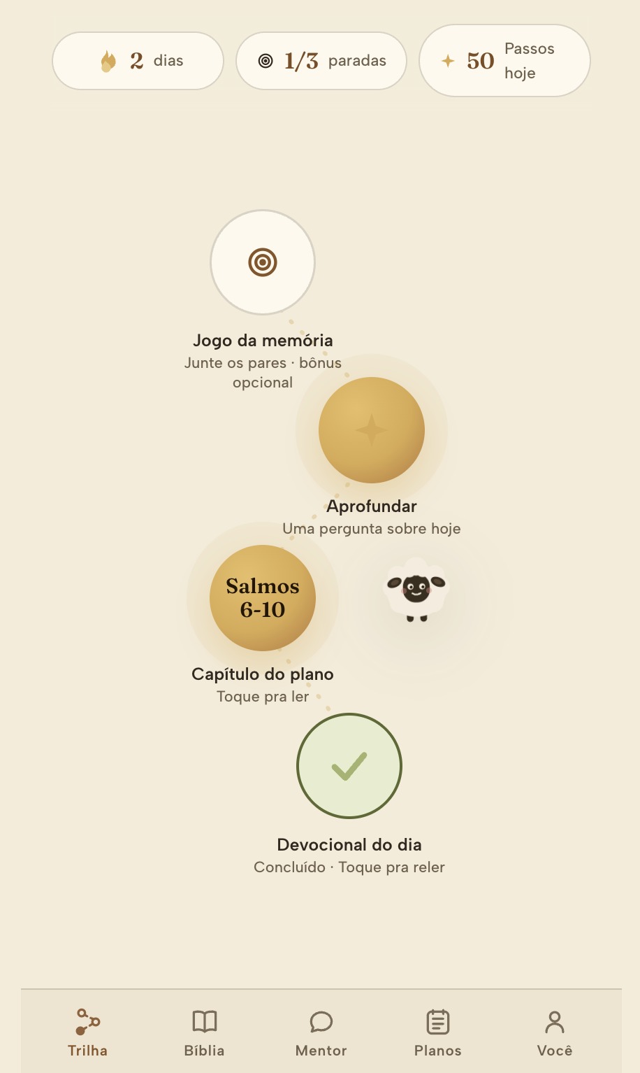 Tela da trilha diária do aplicativo Bíblia e Você