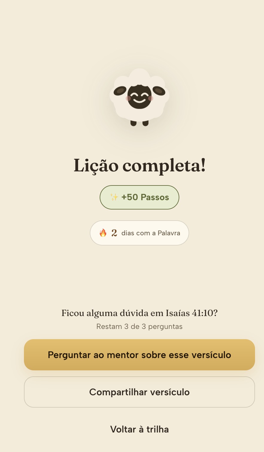 Tela de progresso e conclusão de lição no aplicativo